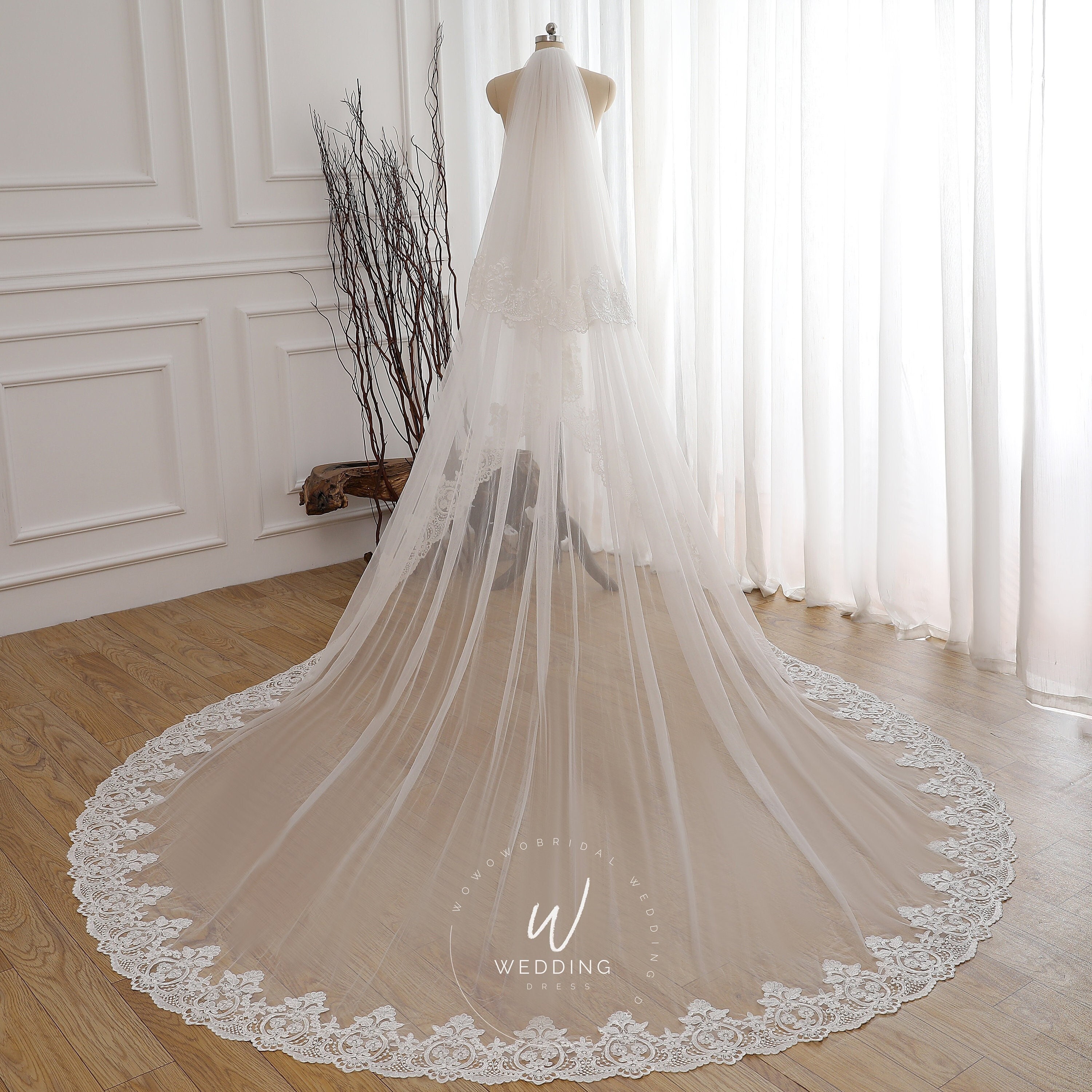 Vintage Veil Lace Edge Veil Long Cathedral Veil Floral Wedding