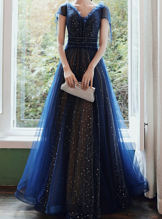 Stars Moon Sequins Prom Dress Navy Blue Long Evening Dress V Neck
