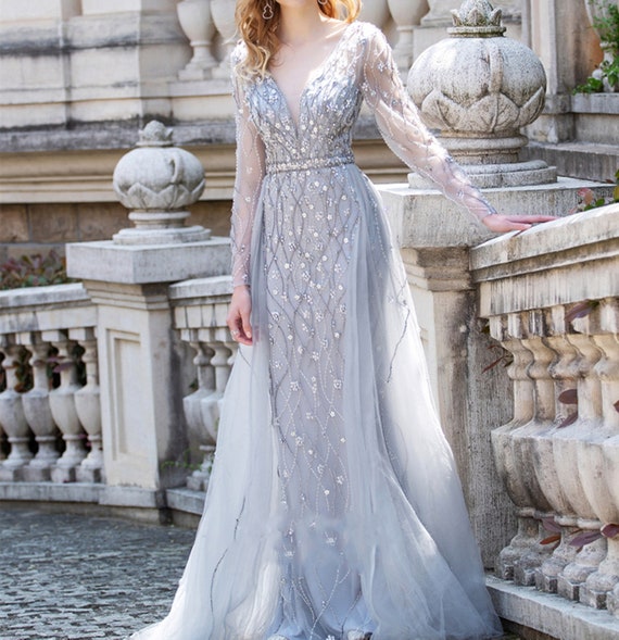 Luxury Rhinestone Prom Dress Silver Gray Long Evening Dress Sexy