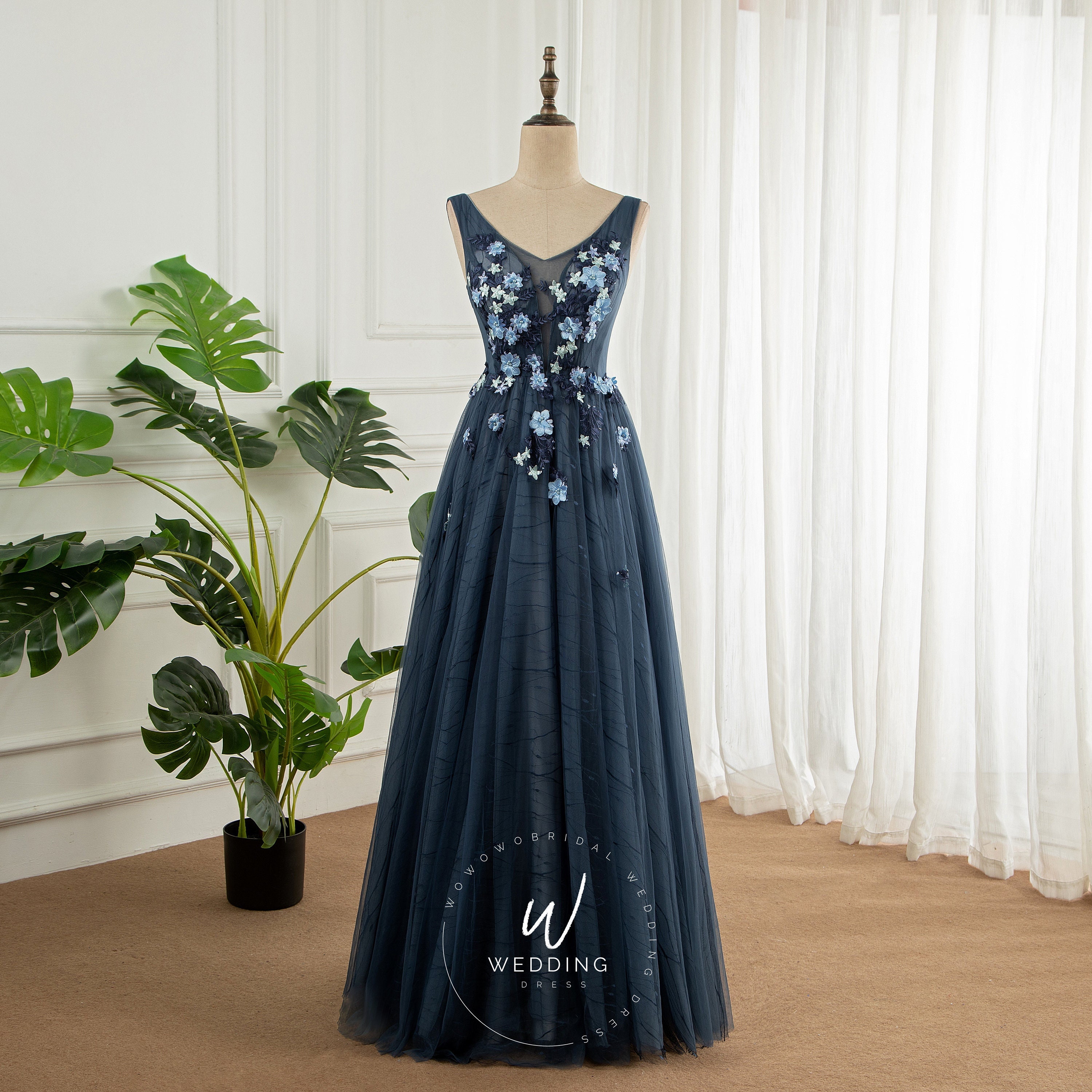 Blue Backless Satin Dress / Long Woman Formal Prom Dress / Deep V