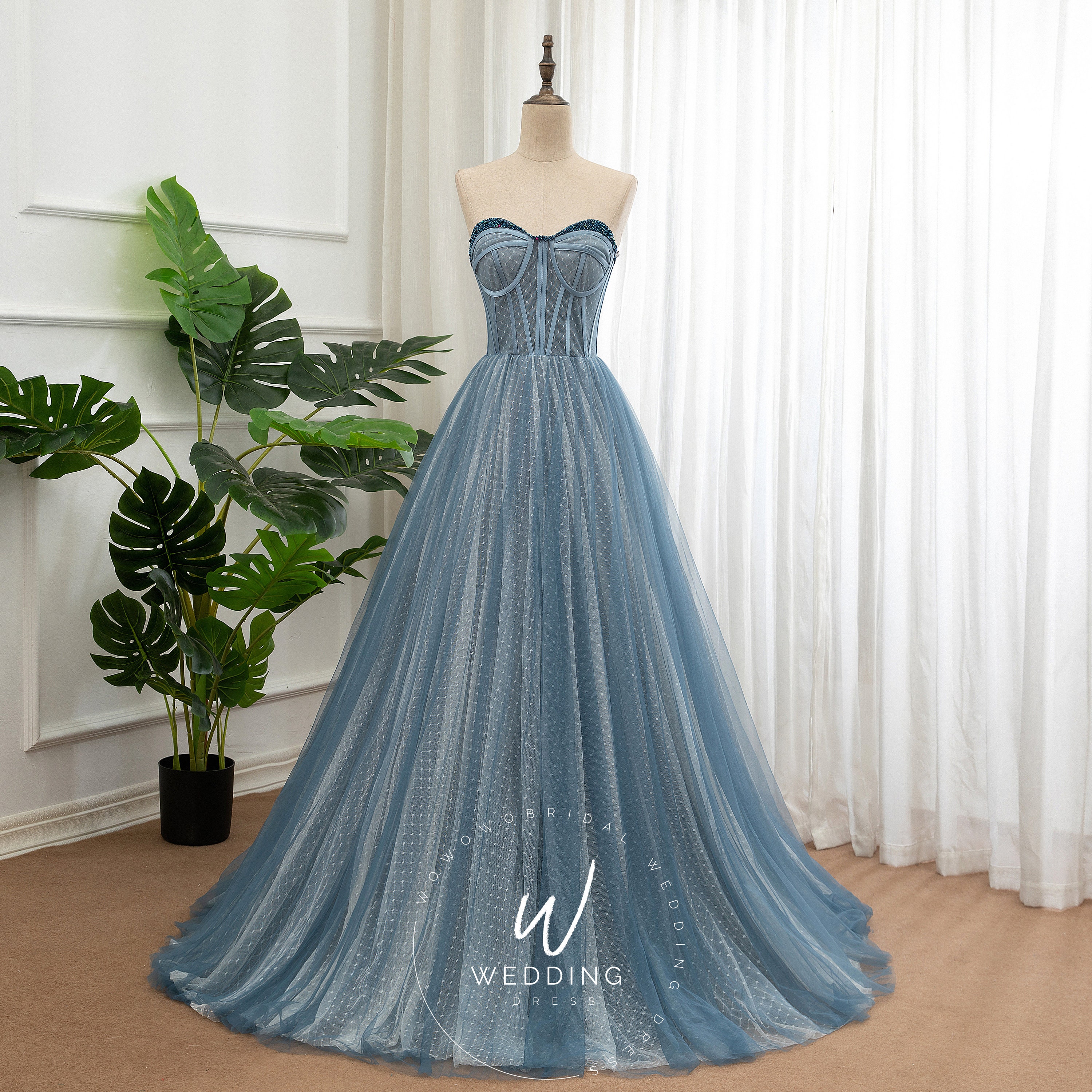 DDreamdressy Dusty Blue Tulle Bow Tie Shoulder Ruffle Long Prom Dress Dusty Blue / US 6