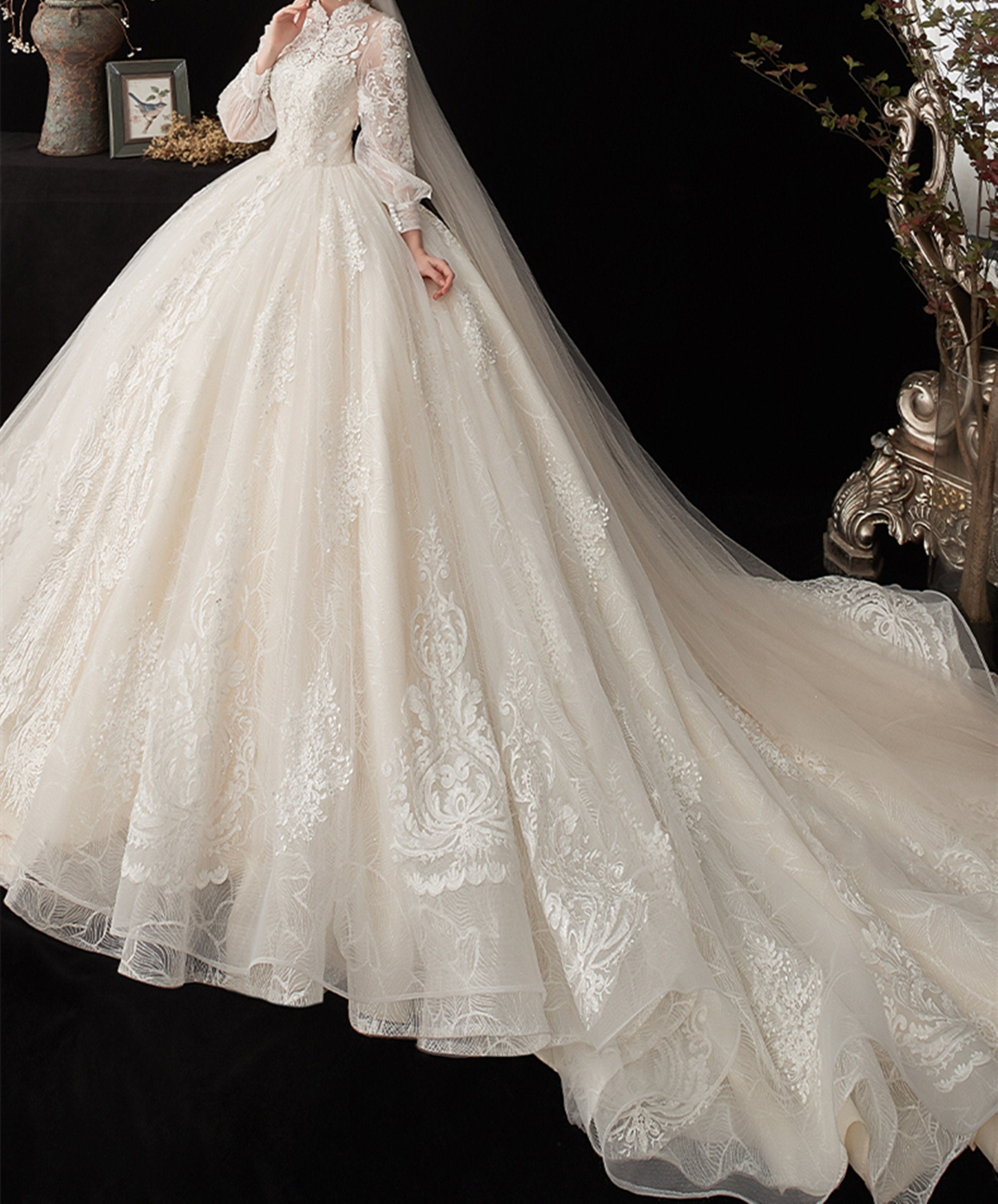 Vintage Lace Bridal Wedding Dress Elegant High Neck Wedding - Etsy UK