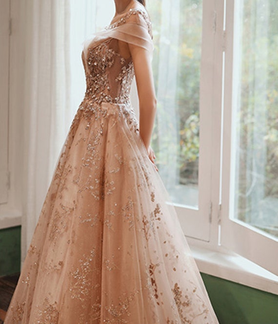 Rose Gold Prom Ball Gown with Long Sleeve High Neck 67098 – Viniodress