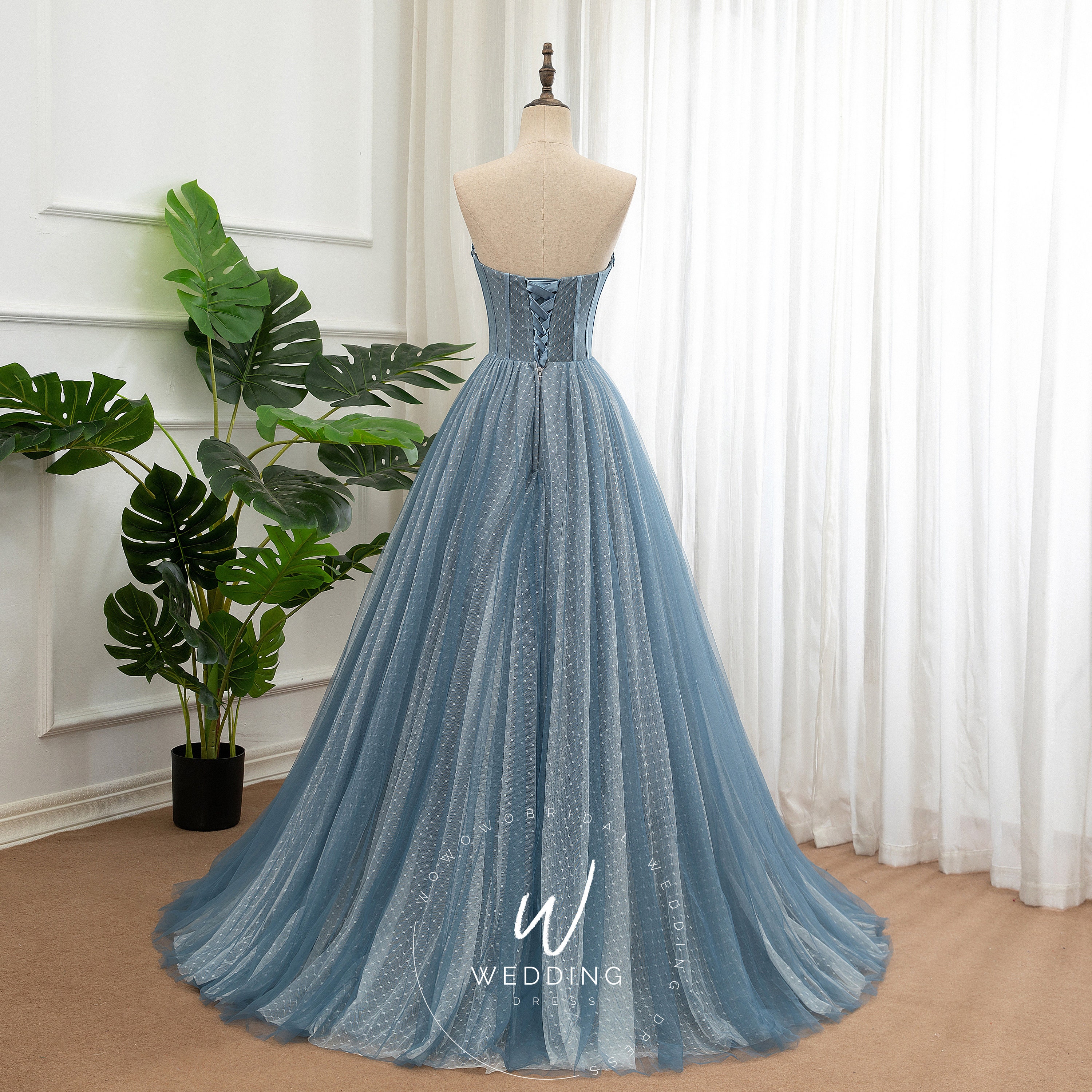 Blue Prom Ball Gown, Strapless Party Dress, Fairy Graduation Dress