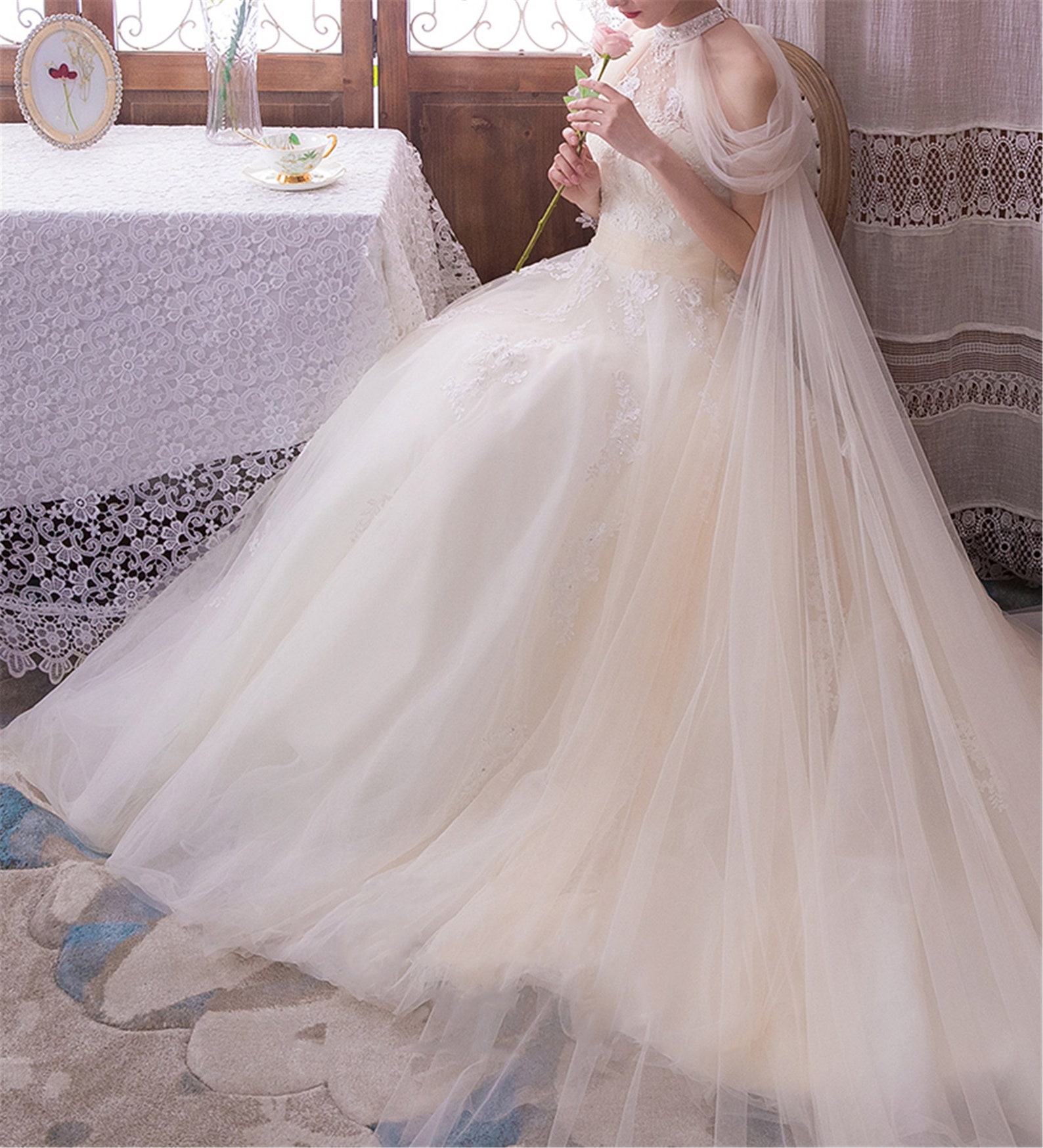 Dreamy Shoulder Cape Wedding Dress White Lace Applique Wedding Etsy
