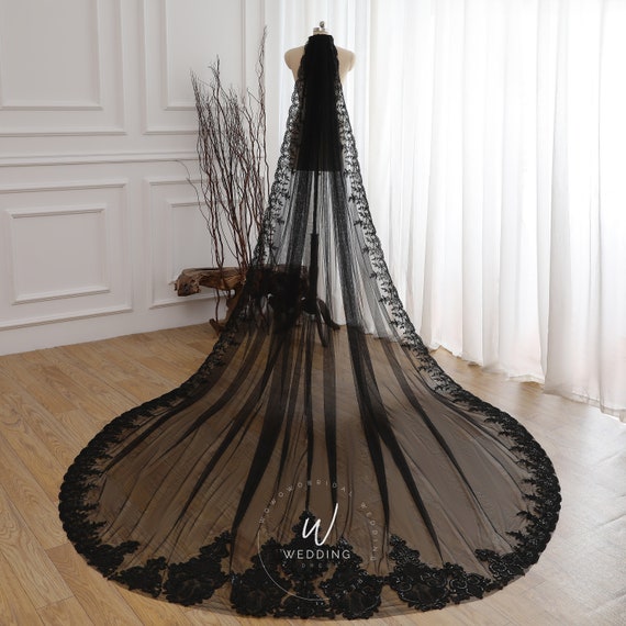 Floral Lace Edged Cathedral Veil Black Bridal Veil Wedding Veil