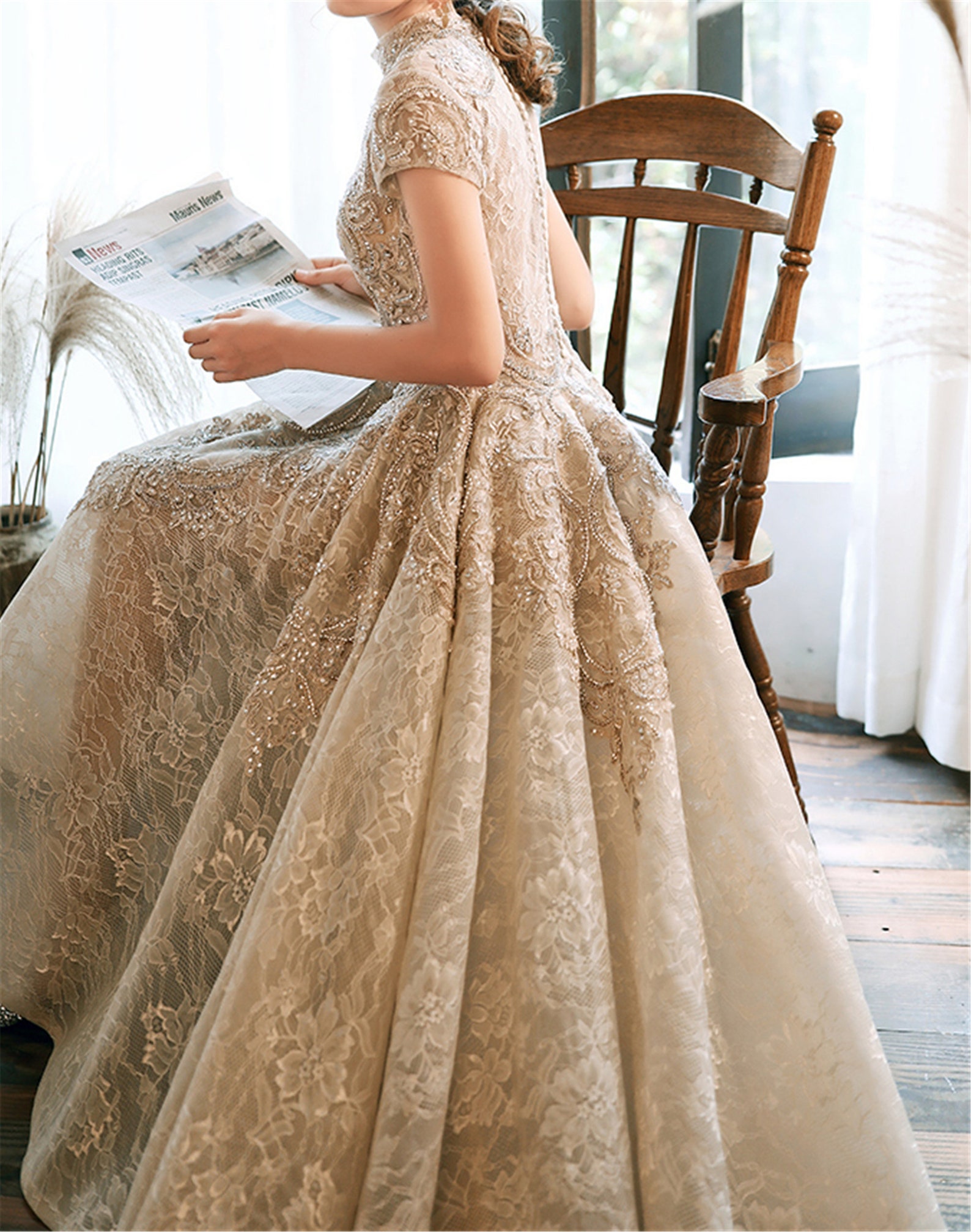 Vintage Lace Prom Dress Beads Evening Dress Champagne Gray Etsy