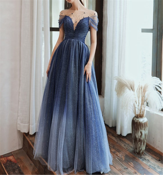 Blue Starry Prom Dress Glitter Evening Dress Deep V Bridal Dress  Transparent Banquet Dress Slim Graduation Dress Bridesmaid Dress