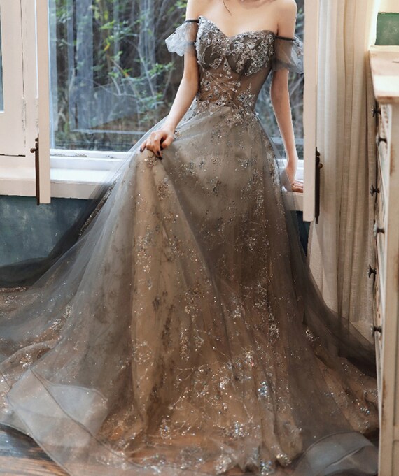 sparkly off the shoulder prom dress