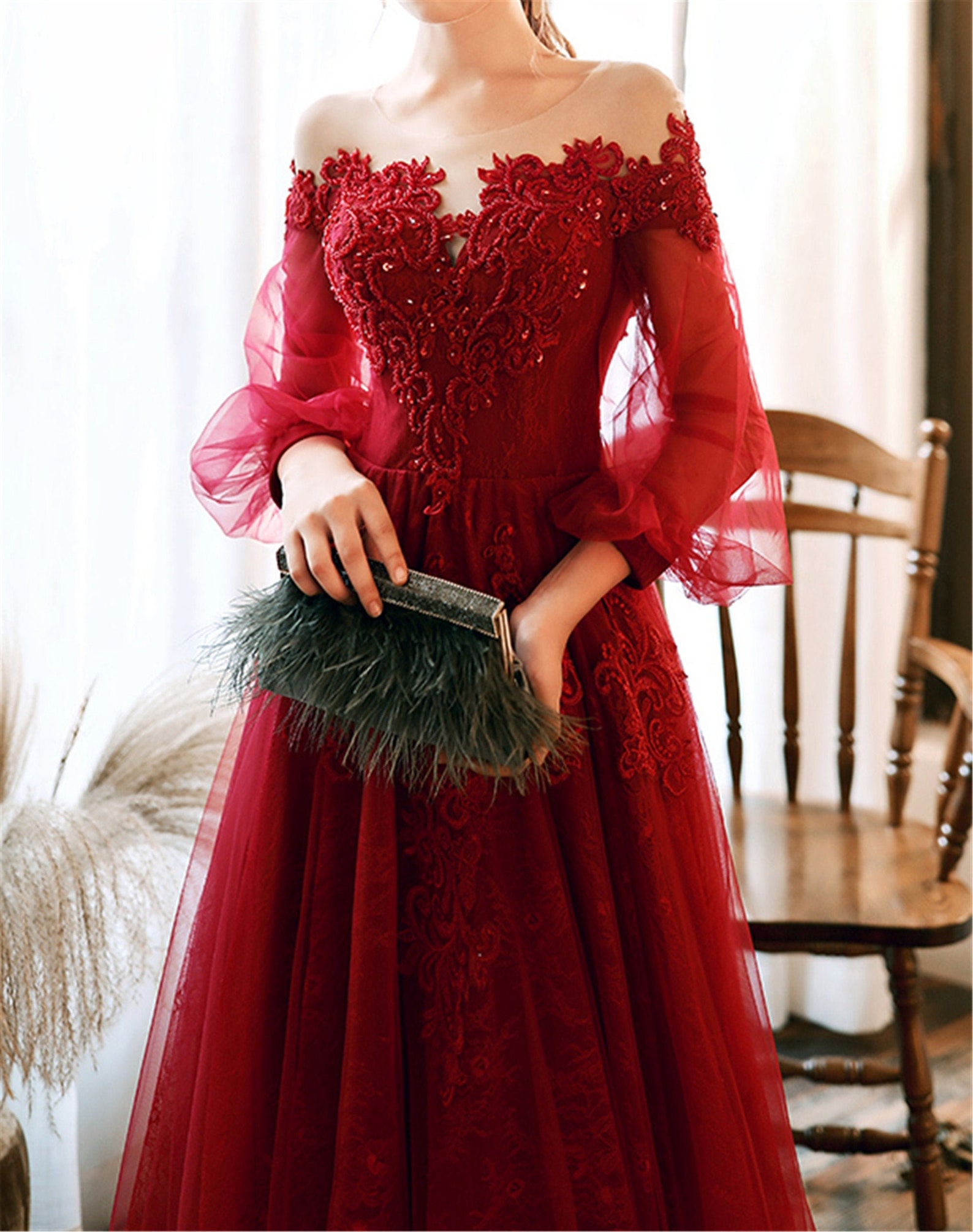 Wine Red Prom Dress Lace Evening Dress Elegant 3/4 Sleeve Etsy