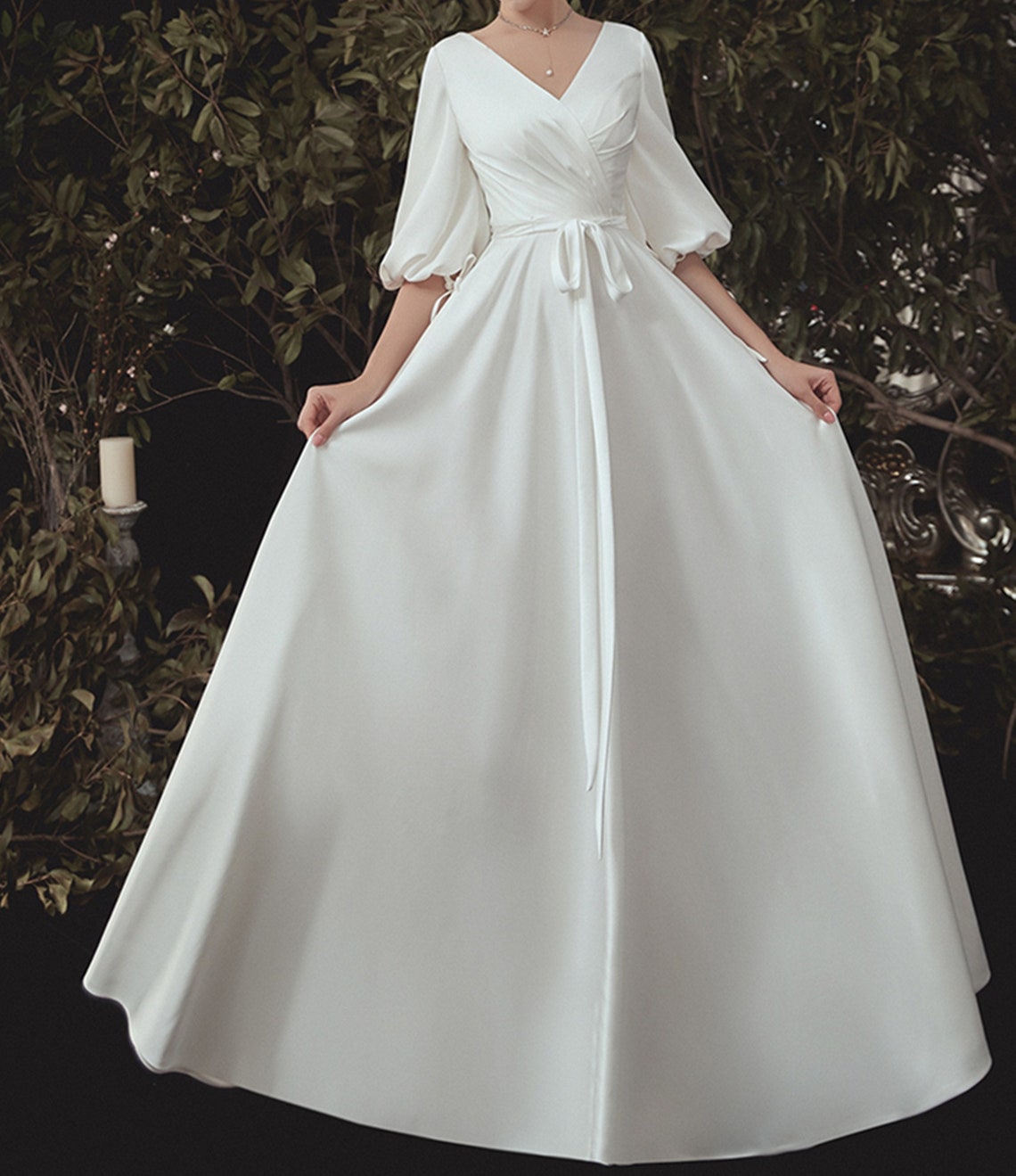 White Minimalist Prom Dress Satin Long Evening Dress V Neck - Etsy