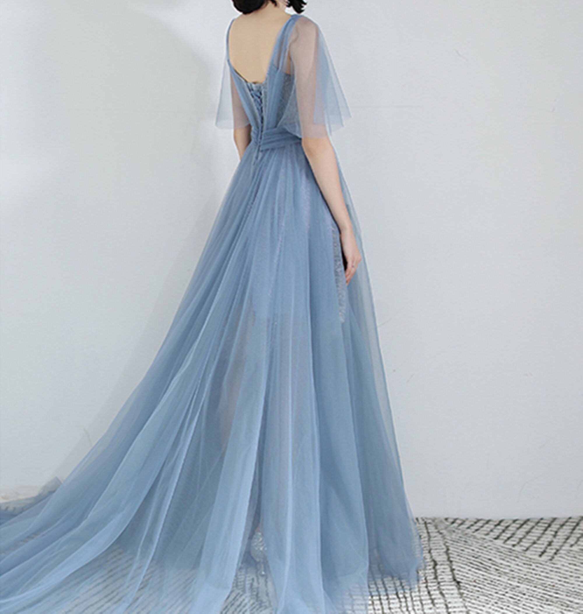 Elegant Blue Sequins Feathers Evening Dress Long Slit Prom Dress Party Gown Y7587