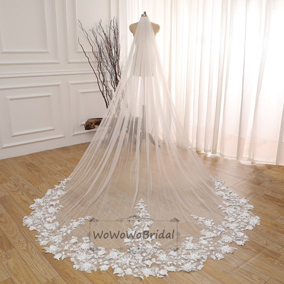 Cathedral Length Wedding Veil 3D Flowers Pearls Bridal Veil Champagne