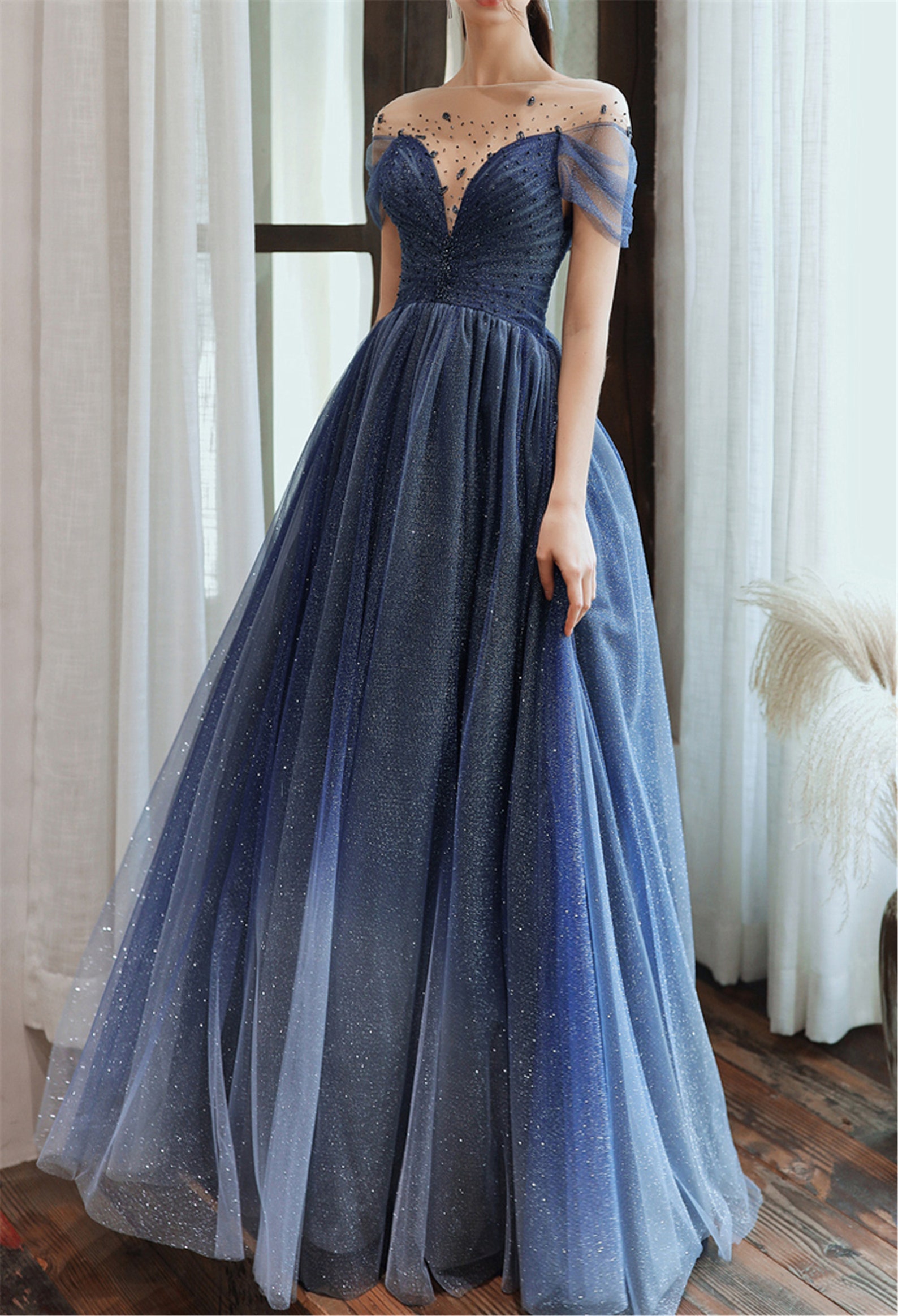 Blue Starry Prom Dress Glitter Evening Dress Deep V Bridal | Etsy