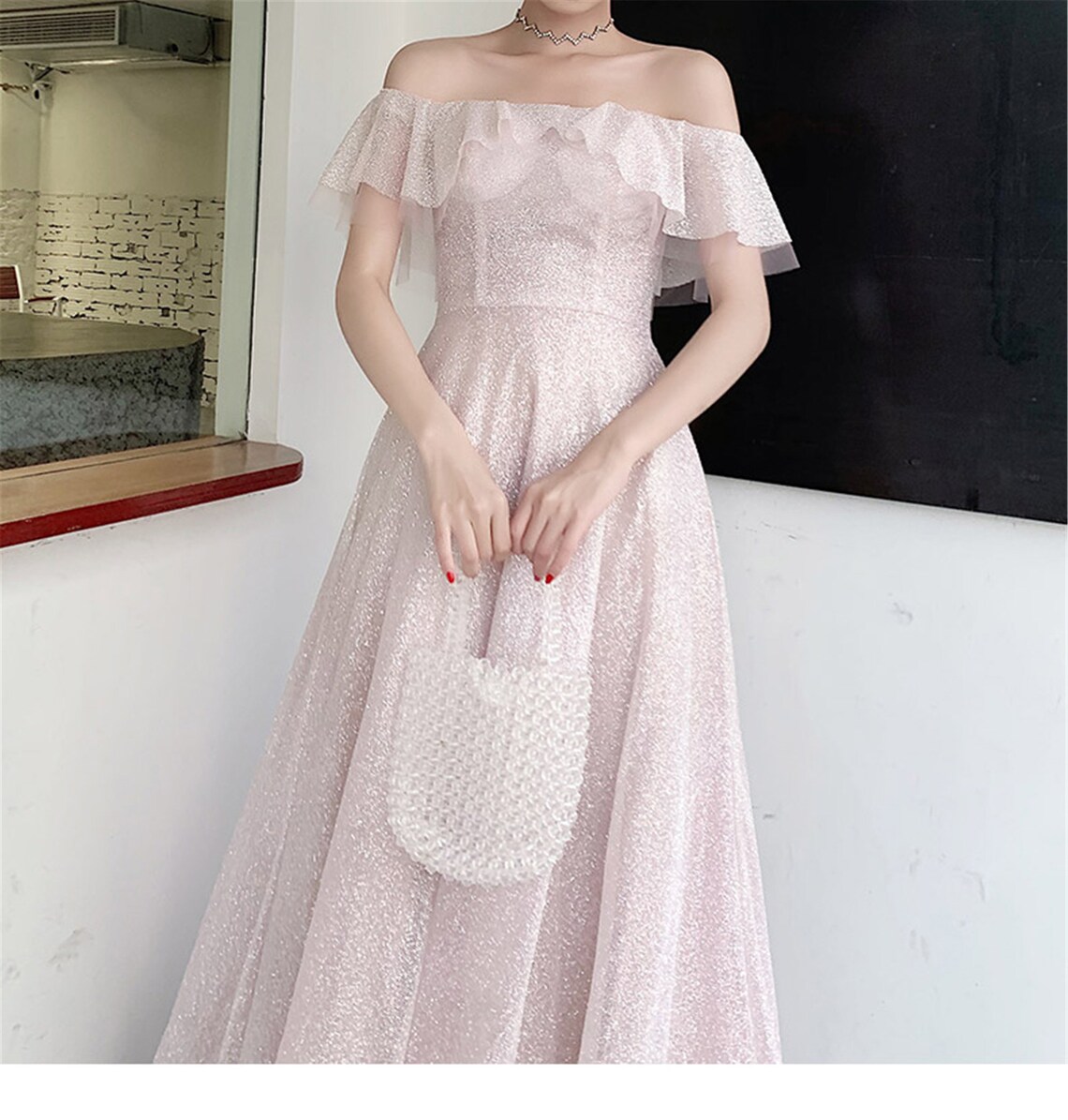 Off Shoulder Prom Dress Glitter Pink Banquet Dress Dreamy Etsy