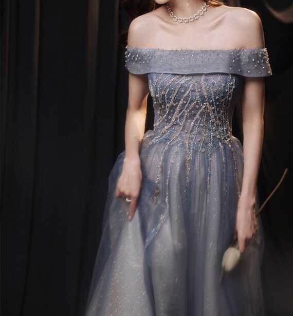Blue Starry Prom Dress off Shoulder 