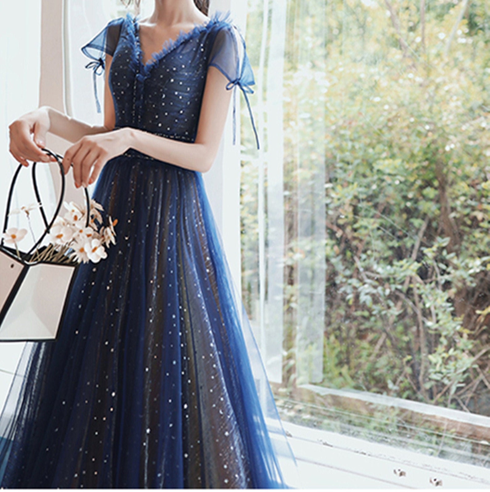 Stars Moon Sequins Prom Dress Navy Blue Long Evening Dress V - Etsy