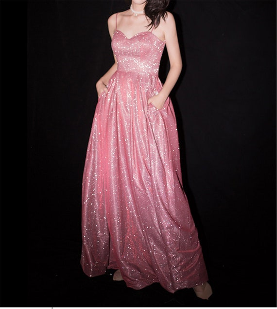 Starry Prom Dress Pink Long Evening Dress Straps Banquet Dress - Etsy