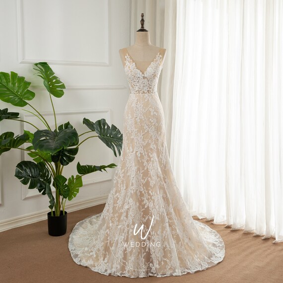 Floral Lace Wedding Dress Mermaid Bridal Gown Boho Wedding Etsy