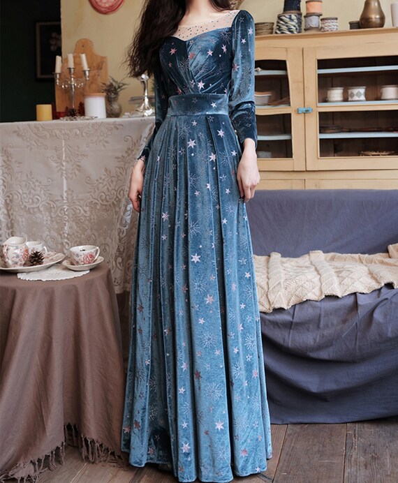 Blue Velvet Prom Dress Star Sequins Evening Dress Illusion -