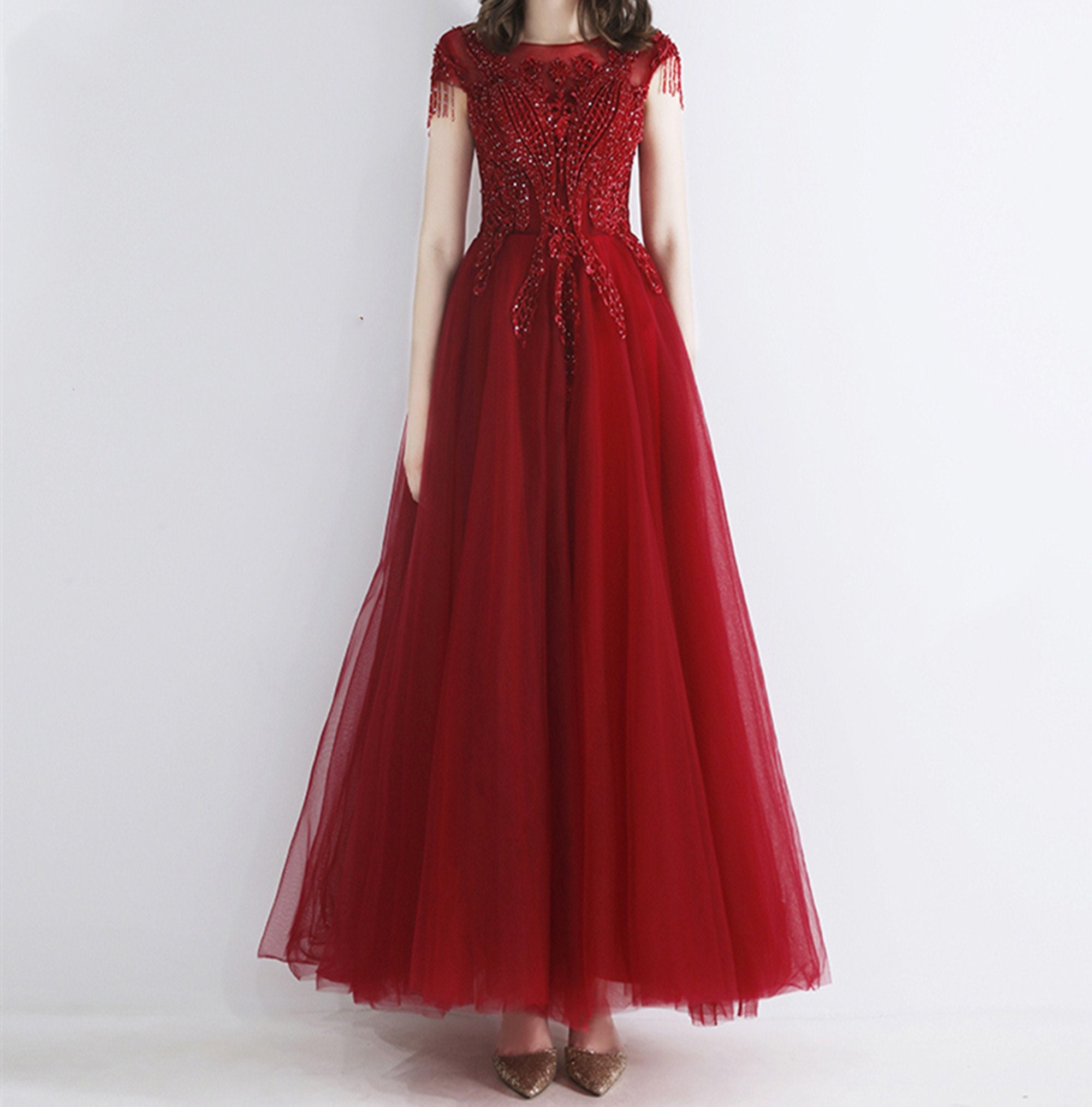 Applique Prom Dress Long Wine Red Evening Dress Beading Tassel Etsy UK