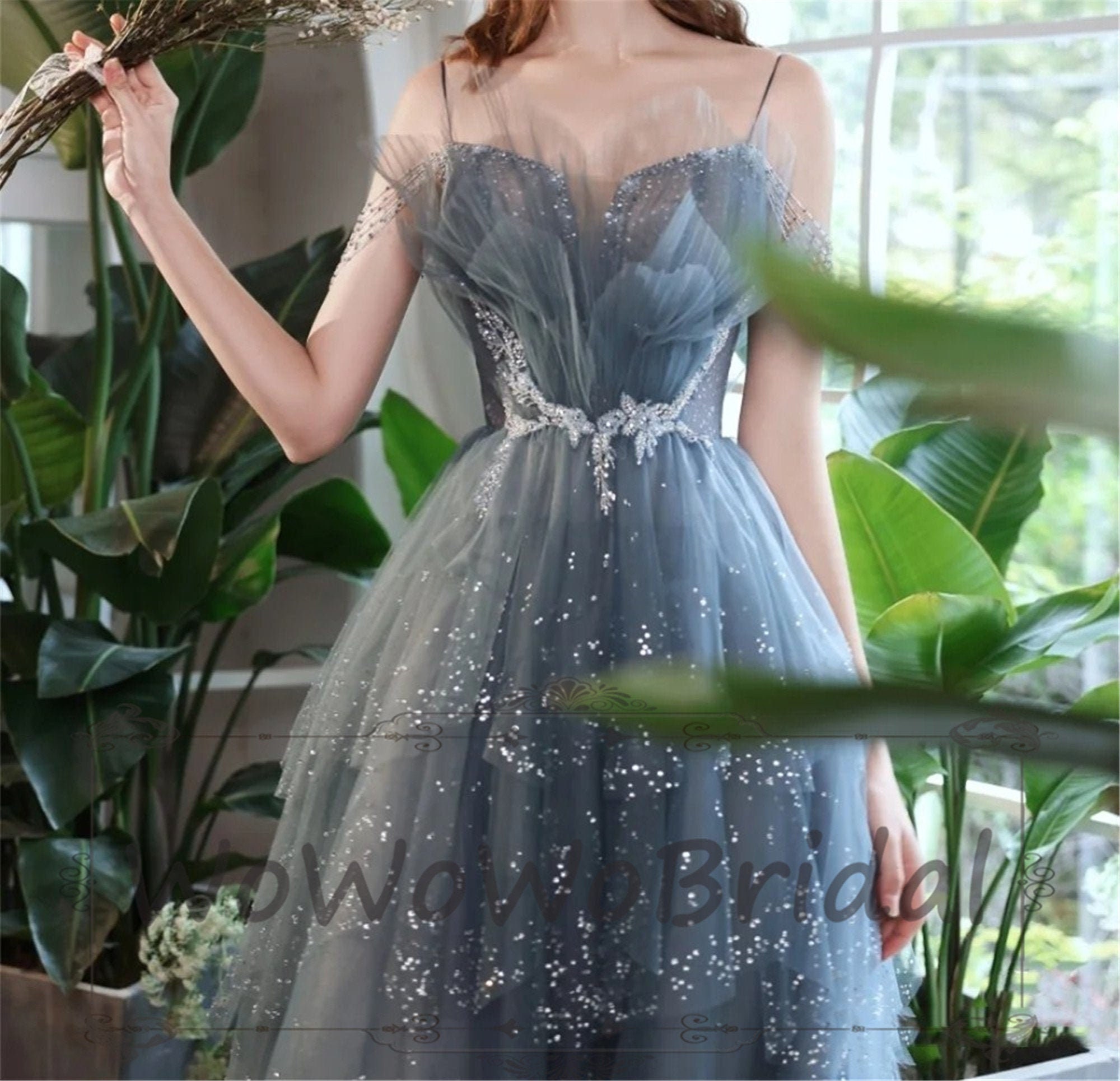 Dreamy Starry Blue Prom Dress Sparkly Rhinestone Applique - Etsy UK