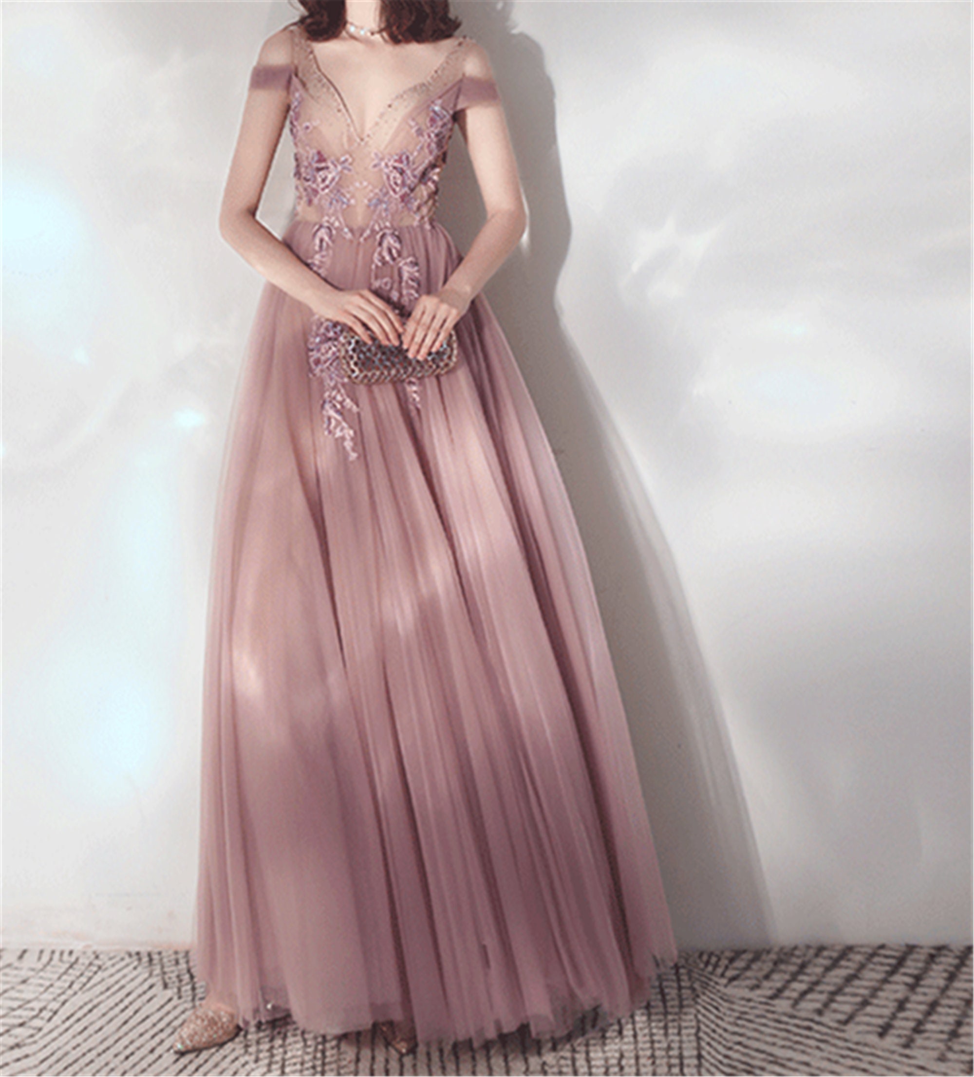 Dreamy Pink Purple Prom Dress Lace Applique Evening Dress Long Etsy