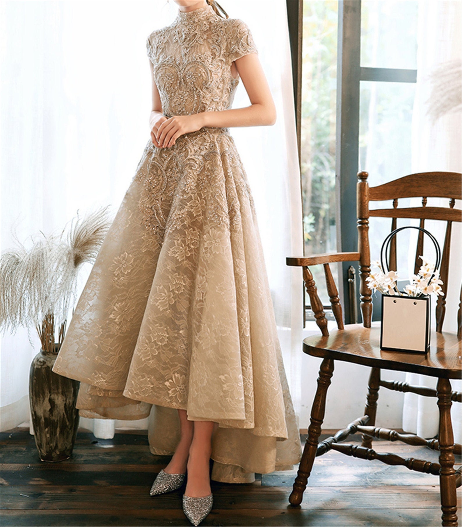 Vintage Lace Prom Dress Beads Evening Dress Champagne Gray Etsy