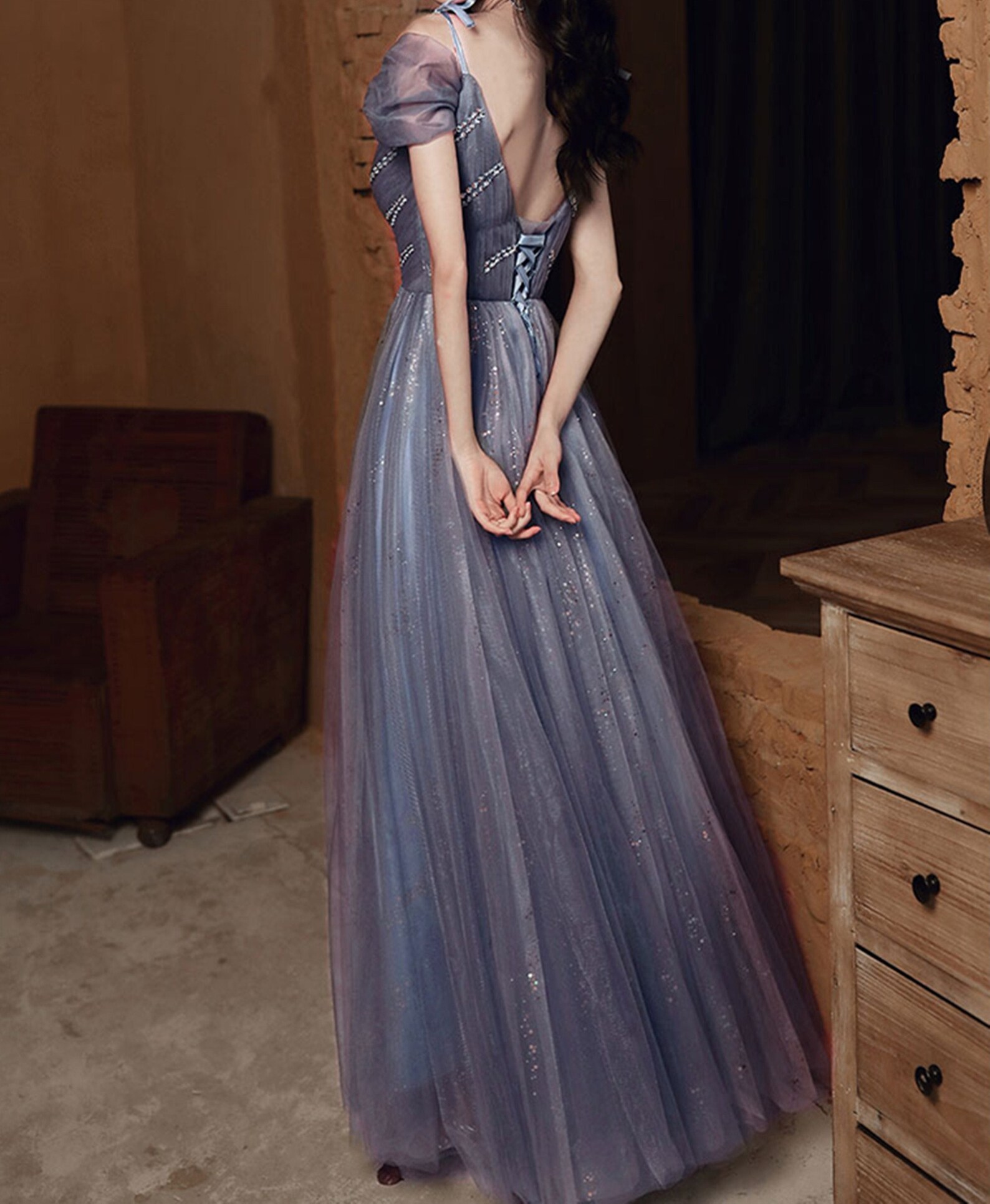 Sparkly Blue Prom Dresses With Bow Sequins Off The Shoulder Formal Party Dress main image 0