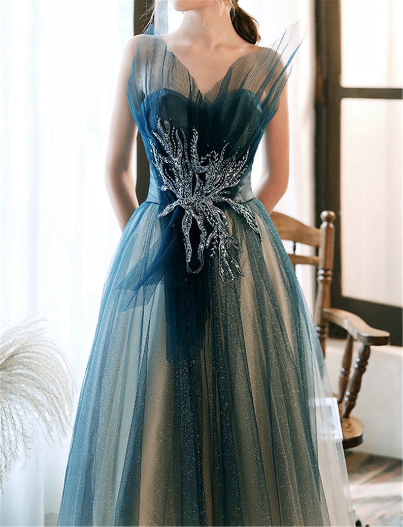 Starry Blue Prom Dress Glitter Long Evening Dress Sweetheart Etsy