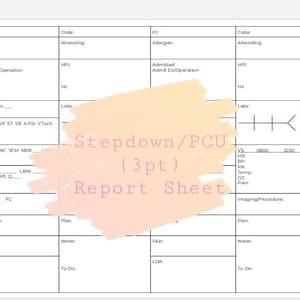 May include: A white medical report sheet with a grid layout, featuring sections for patient information, vital signs, and notes. The text "Stepdown/PCU (3pt) Report Sheet" is visible.