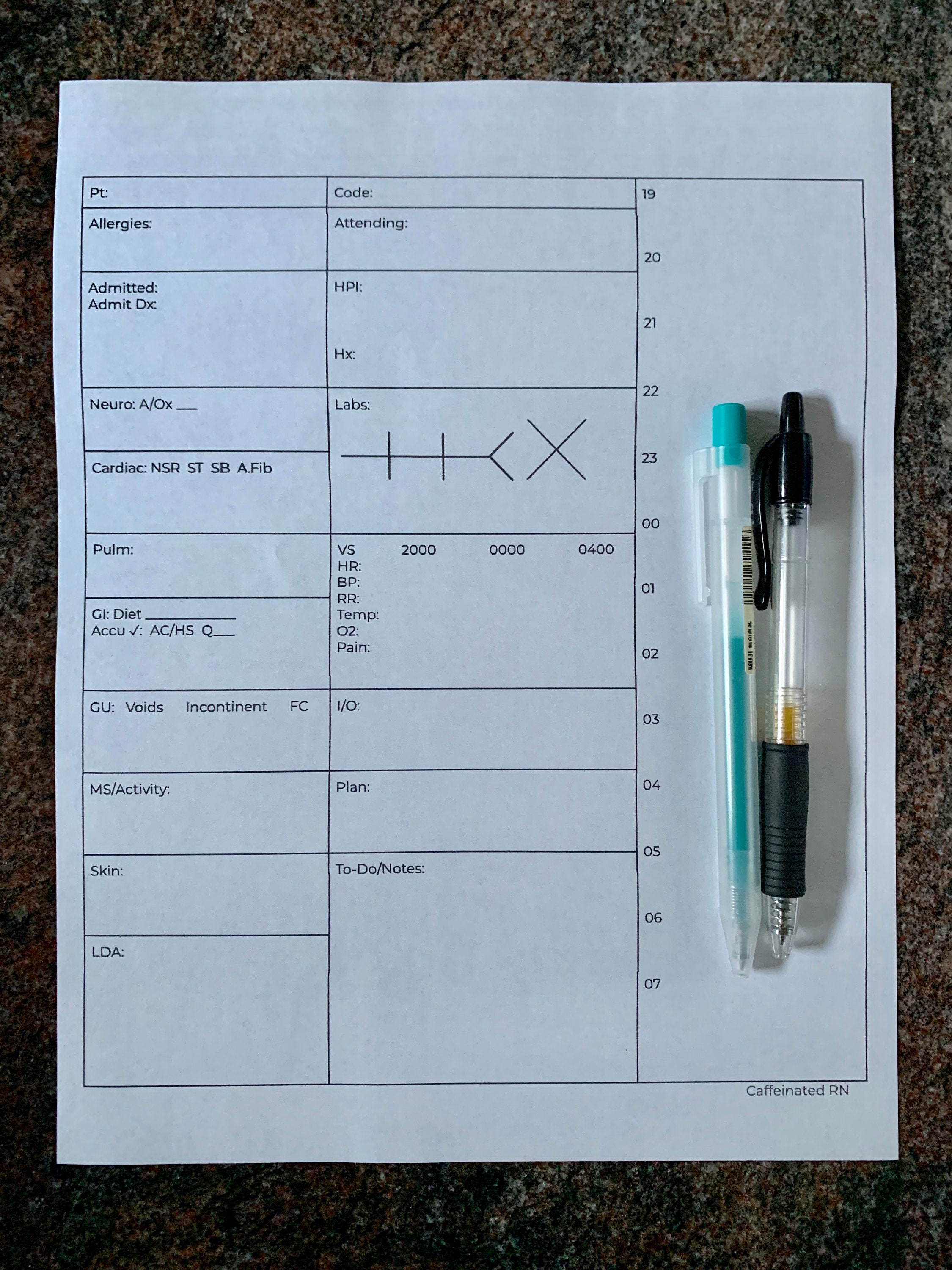 Printable Nursing Night Shift Report Brain Sheet With Hourly Work List  (Portrait) In Nursing Shift Report Template