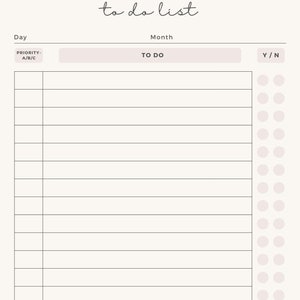 Peut inclure: Une liste de choses à faire blanche avec des lignes et du texte noirs. La liste comporte des sections pour le jour, la priorité, à faire, le mois et O/N. Il y a aussi une section pour les notes.