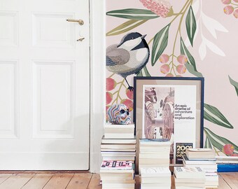 Sparrow With Flowers wall decor Repositionable Sparrow wall mural Reusable Removable MAF022 Peel and stick Leaves removable wallpaper