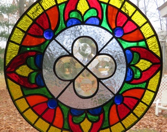 Stained glass round suncatcher with bevel cluster