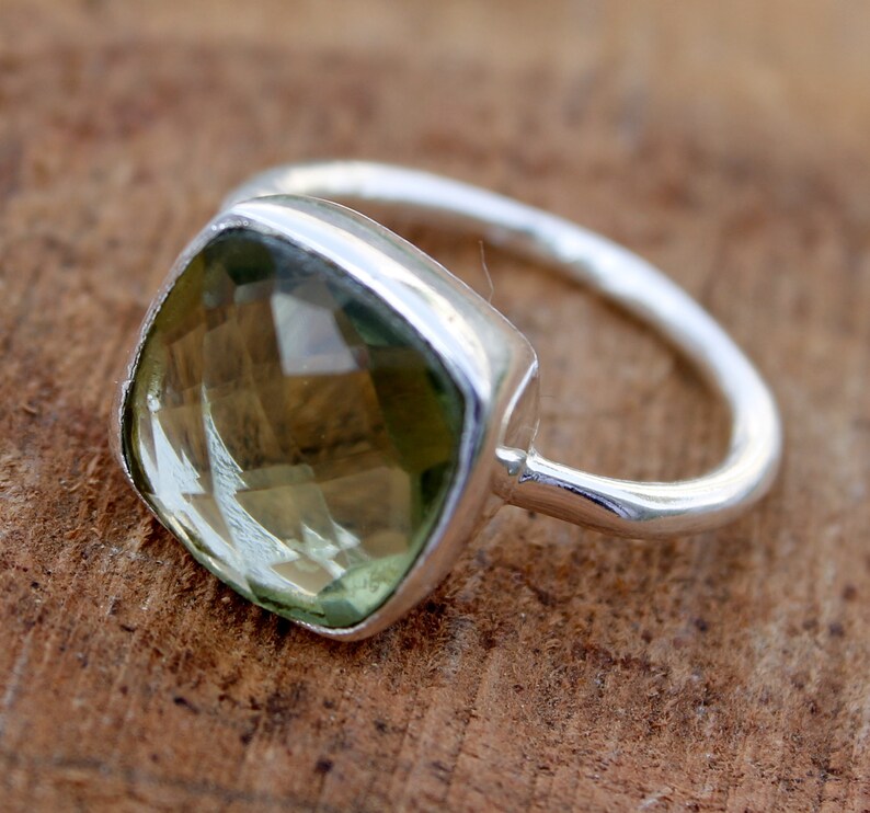 Wedding Ring-Gift For Her-Engagement Ring Green Amethyst Gemstone Ring 925 Sterling Silver Ring Woman Ring Checker Cut Gemstone Ring