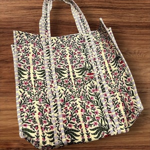 Indian Tote Bags Quilted Handmade Cotton Block Printed Large Shoulder Shopping Bag Women, Floral Cotton Ethnic Handmade Tote Bags.
