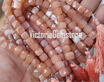 AAA Peach Moonstone Beads, Moonstone Faceted Beads, Faceted 3D Box Beads, Moonstone Cube Beads,Faceted 7-8mm Beads, 8 Inch Gemstone Beads