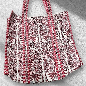 Indian Tote Bags Quilted Handmade Cotton Block Printed Large Shoulder Shopping Bag Women, Floral Cotton Ethnic Handmade Tote Bags.