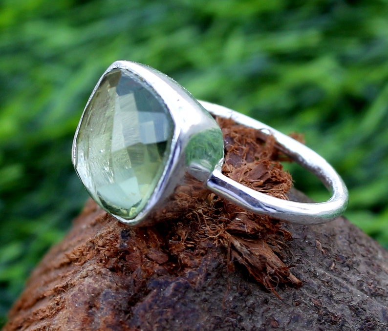 Wedding Ring-Gift For Her-Engagement Ring Green Amethyst Gemstone Ring 925 Sterling Silver Ring Woman Ring Checker Cut Gemstone Ring