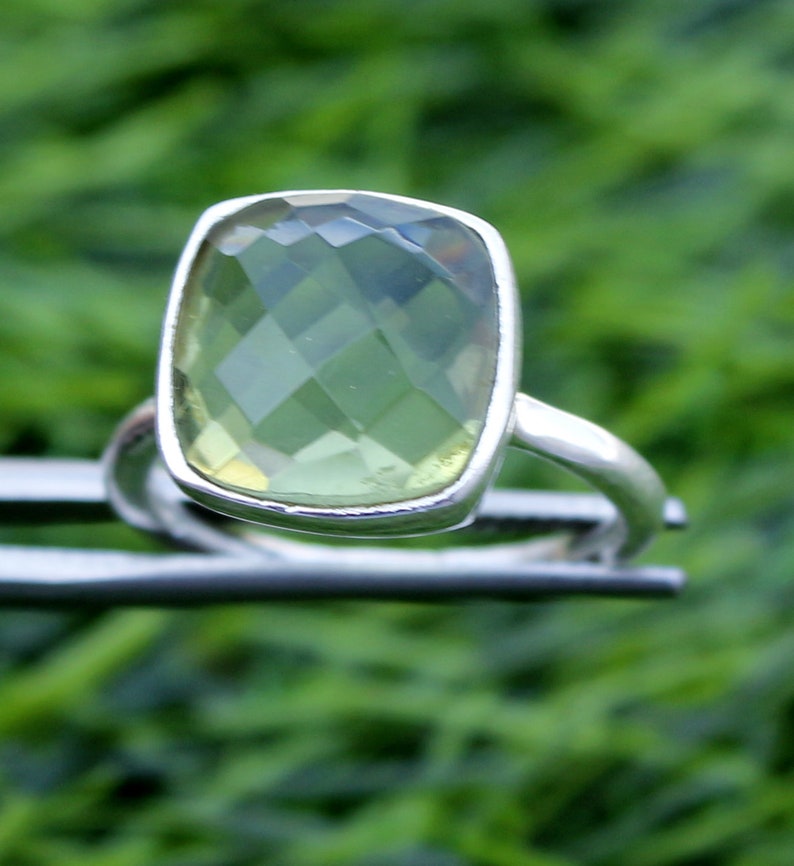 Wedding Ring-Gift For Her-Engagement Ring Green Amethyst Gemstone Ring 925 Sterling Silver Ring Woman Ring Checker Cut Gemstone Ring