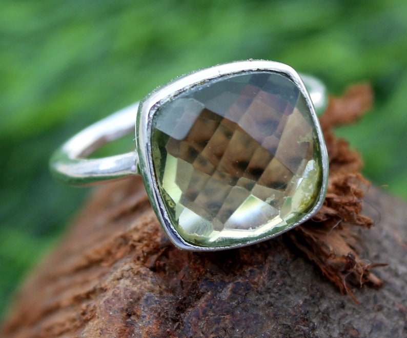 Wedding Ring-Gift For Her-Engagement Ring Green Amethyst Gemstone Ring 925 Sterling Silver Ring Woman Ring Checker Cut Gemstone Ring