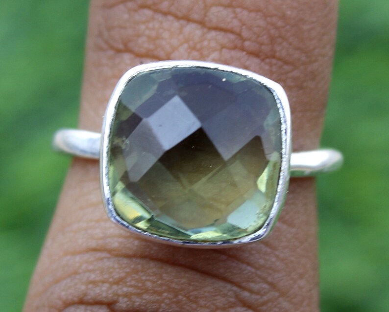 Wedding Ring-Gift For Her-Engagement Ring Green Amethyst Gemstone Ring 925 Sterling Silver Ring Woman Ring Checker Cut Gemstone Ring