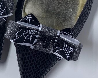 Presilhas de sapato com laço de aranha para o Halloween, aranha de strass