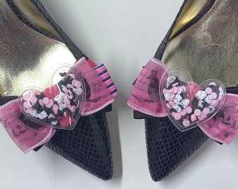 Halloween Shoe Clips , Pink Skull Shoe Clips , Black pink and White Halloween Skull Bow Shoe Clips