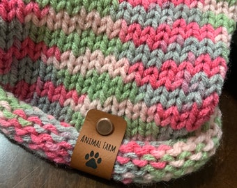 Hand Knit Dog or Cat Scarf , Pink and Green Dog Snood or Cowl Scarf