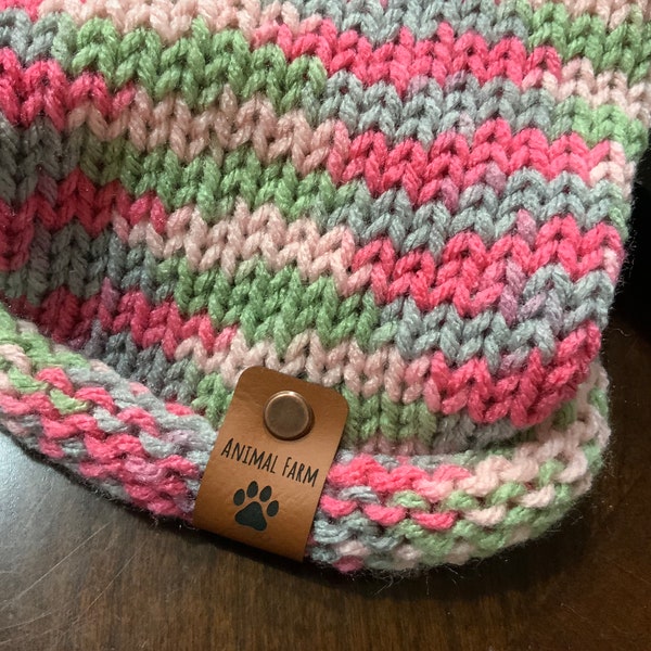 Hand Knit Dog or Cat Scarf , Pink and Green Dog Snood or Cowl Scarf