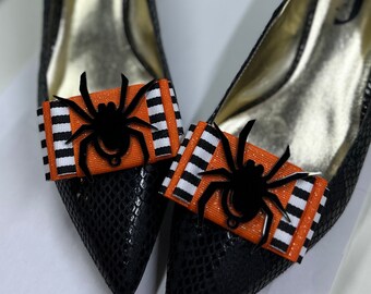 Halloween Shoe Clips , Spider Shoe Clips , Orange and Black Halloween Spide Bow Shoe Clips