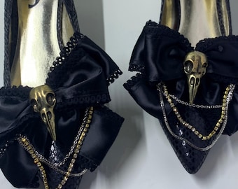 Presilhas de sapato com caveira de vampiro gótica, laço de strass, acessórios de Halloween