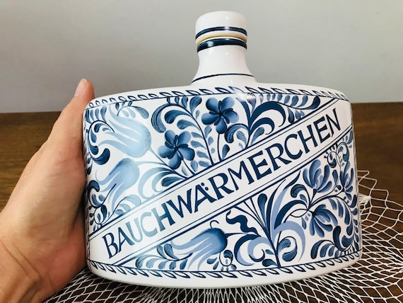 ヴィンテージ HERR FAYENCE 酒瓶 - 青と白の手描き陶器フラスコ